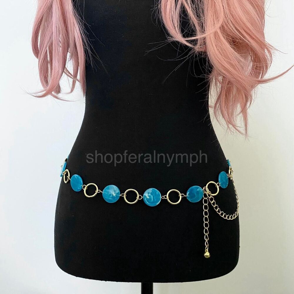 Gold Y2K Blue Marbled Disc Chain Belt, Fits 20.5-43 Inches, X7GA1270
